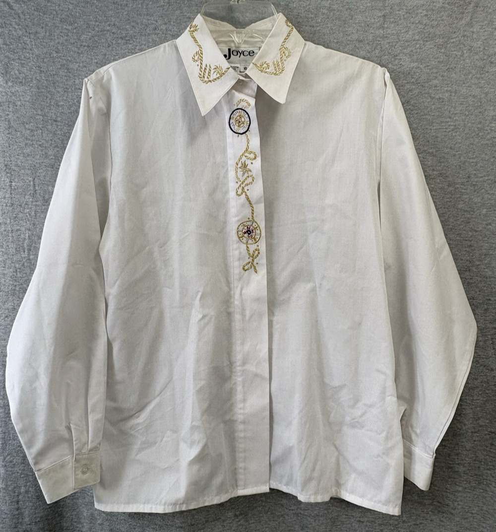 Joyce Vintage Women’s 10 Long Sleeve White Shirt Embroidery Button Down Nautical